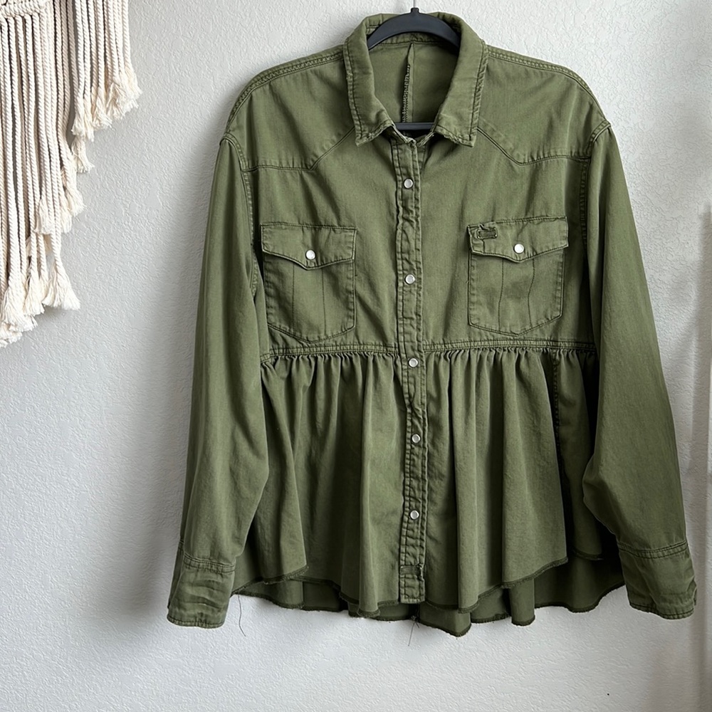 Free People Pearl Snap Army Green Peplum Jacket - L